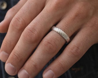 Men’s Sterling Silver Twisted Open Cuff Ring Cigar Band Ring Twist Pattern