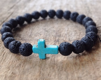 Lava rock bracelet with turquoise cross. Christian gifts for boyfriend. Mini rosary bracelet homme. Mens jewelry for faith over fear. Spirit