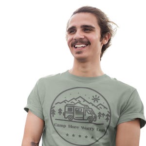 Camp More Worry Less T-Shirt, Adventure Camping Tee Gift, Outdoors Graphic Shirt, Hiking Nature Lover Top, Wanderlust Apparel