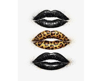 Estampado de labios de leopardo negro, arte mural de moda grunge con salpicaduras glamurosas
