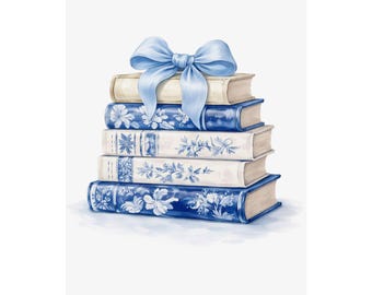 Lámina artística de libros apilados con lazo azul / Decoración elegante con motivos florales para el rincón de lectura