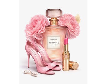Póster de moda de lujo: Perfumes, tacones y arte mural de belleza.