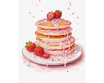 Cuadro decorativo de fresas y tortitas / Decoración de cocina dulce y femenina