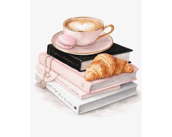 Póster decorativo de pared con diseño de libros de café en tonos rosados / Ilustración de lujo acogedora