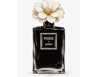 Póster minimalista de lujo con diseño de frasco de perfume de París
