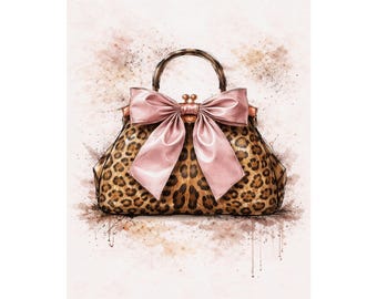 Arte de bolso con estampado de leopardo, póster de bolso con lazo rosa, decoración de pared glamurosa y a la moda