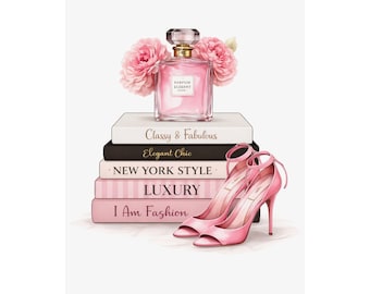 Póster decorativo de lujo con diseño de perfume rosa y tacones.