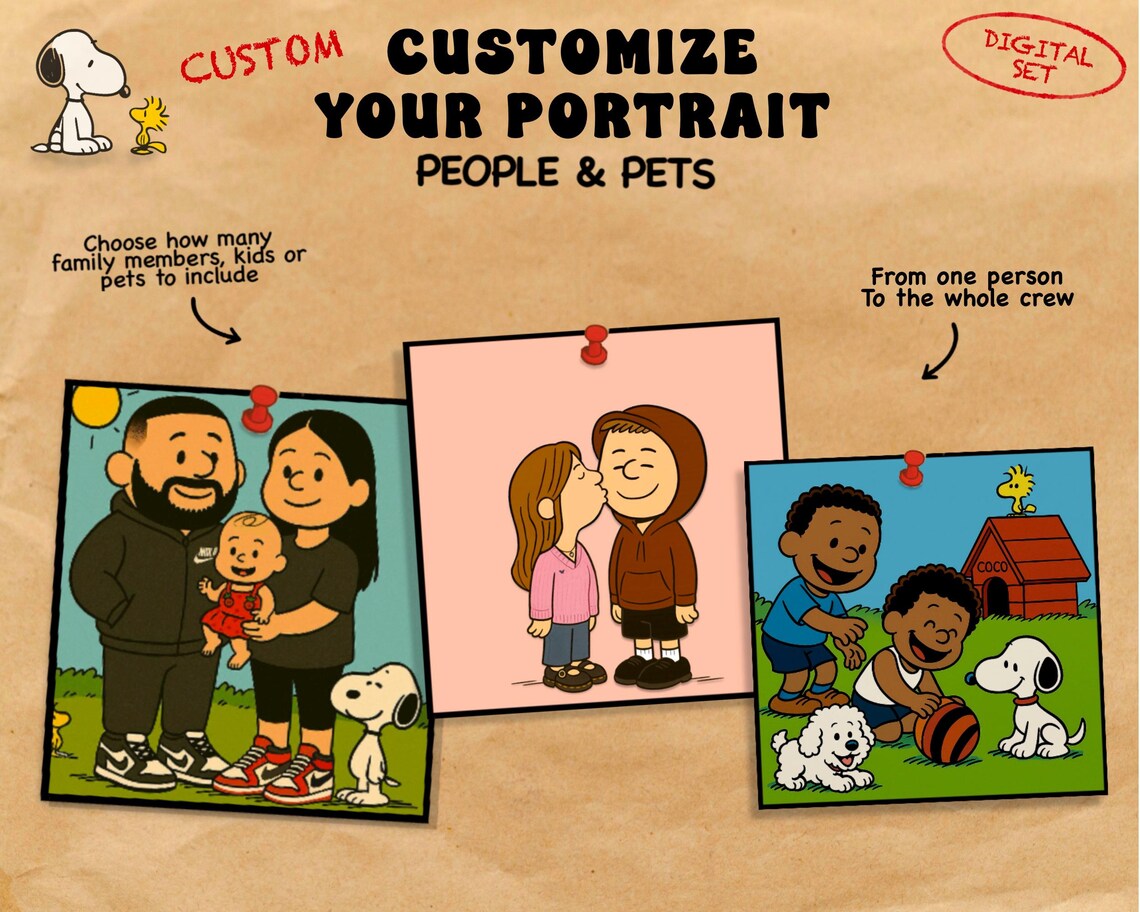 Peanuts Style Guide Custom Peanuts Style Portrait Snoopy Cartoon Family or Pet Drawing ...