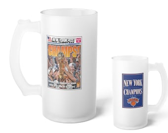 2026 New York Knicks NBA Champions Frosted Beer Mug | 16 oz CHAMPS! Newspaper Glass Mug
