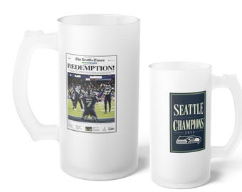 2026 Seattle Seahawks NFL Champions Frosted Beer Mug | 16 oz Redemption! Newspaper Glass Mug