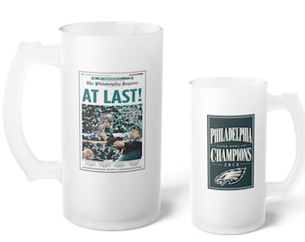 2018 Philadelphia Eagles NFL Champions Frosted Beer Mug | 16 oz AT LAST! Newspaper Glass Mug