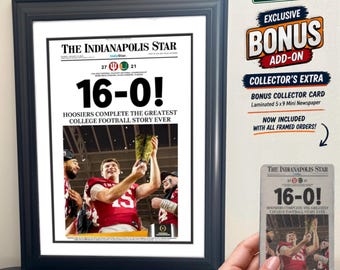 2026 Indiana Hoosiers 16-0 Championship Newspaper Print | Framed Sports Memorabilia | Indiana Hoosiers Fan Gift