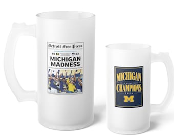 2026 Michigan Wolverines Basketball Champions Frosted Beer Mug | 16 oz Newspaper Glass Mug