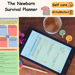May include: A digital planner for new parents with a colorful cover featuring a baby and a teddy bear. The planner includes sections for tracking baby milestones, self-care tips, and monthly goals. The text on the cover reads "The Newborn Survival Planner".