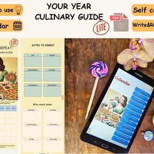 May include: A digital culinary guide, titled "Your Year Culinary Guide," displayed on a tablet. The image includes a lollipop, a cup of coffee, and a calendar interface with the text "Calendar" and "Easy to use."