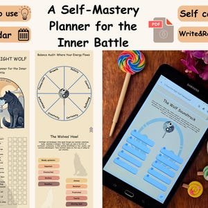May include: A printable self-mastery planner with a wolf illustration and the text "Feed the Right Wolf". The planner includes a balance audit wheel, a "Wolves' Howl" chart, and a "Wolf Soundtrack" section. The planner is designed to help users manage their inner battles and achieve self-mastery.