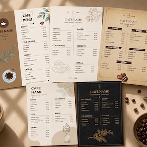 May include: Five cafe menu templates featuring various layouts and color schemes, including brown, white, cream, and black backgrounds. Each menu displays sections for coffee, cold drinks, bakery, desserts, and extras with listed prices and cafe name.
