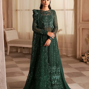 Braut- und formelles Organzakleid, handverschönerte Vorderseite und Ärmel, Sharara, Kurti, pakistanische Designer-Outfit aa