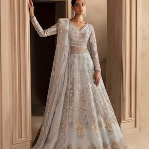 Elegant ice blue Pakistani designer dress, formal lehenga kurti, organza embroidered, hand embellished, dupatta included