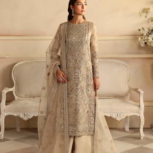 Bridal and formal organza dress, hand-embellished front & sleeves, embroidered dupatta , borders – Pakistani designer outfit aa