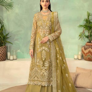 Organza bestickter handverschönerter Anzug, formelle Kleidung, nicht genähtes 3-teiliges, shalwar kameez, dupatta, Hochzeits- & Partyabnutzung, östliches Kleid