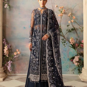 Deep blue modern Pakistani gown | bridal & formal wear | eastern dress | shalwar kameez, lehenga choli, maxi, frock, gown outfit