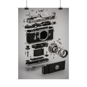 May include: An exploded view of a Leica camera showing its internal components, including the silver top plate, black textured body, lens elements, shutter mechanism, and various small screws and metal parts arranged in a vertical sequence.