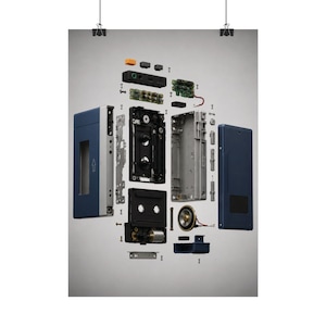 May include: An exploded view of a portable cassette player showing its internal components, including the blue outer casing, circuit boards, tape mechanism, motor, speaker, and various small screws and buttons arranged in a technical layout.