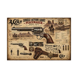 May include: A vintage-style poster featuring a Colt Single Action Army Peacemaker Model 1873 revolver. The print includes technical diagrams, an exploded view, a leather holster with a sheriff badge, and text detailing specifications in centimetres.