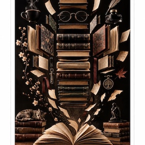 Peut inclure: Une composition verticale montrant une pile de livres anciens flottant au-dessus d'un livre ouvert. Les éléments environnants incluent une tasse fumante, des lunettes rondes, une plume avec encrier, un chat endormi, une statuette et des pages.