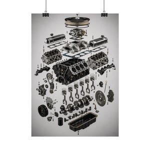May include: An exploded view diagram of a V8 internal combustion engine, displaying individual components including the engine block, cylinder heads, pistons, crankshaft, oil pan, valve covers, air cleaner, and various bolts and gaskets.