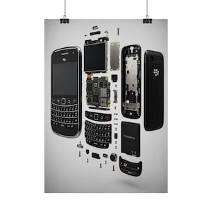 May include: An exploded view of a black BlackBerry smartphone showing its internal components, including the circuit board, screen, QWERTY keyboard, battery, and outer casing parts, all arranged in a vertical, disassembled layout on a light background.