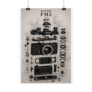 May include: A poster featuring an exploded view of a black Nikon FM2 camera from 1984. The various internal components, gears, and lens parts are arranged in a vertical, disassembled layout against a light background with wispy smoke effects.
