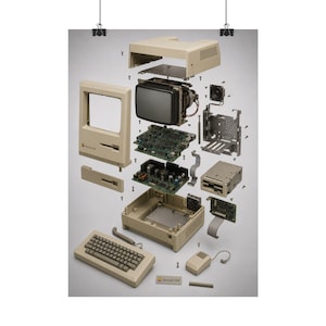 May include: An exploded view of a beige Macintosh 128K computer, displaying its internal components including the CRT monitor, circuit boards, floppy disk drive, speaker, and metal chassis, alongside the keyboard, mouse, and external casing pieces.