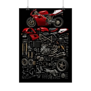 May include: A poster featuring a red Ducati 996 motorcycle at the top, with all its individual mechanical components, including the engine, frame, wheels, and various metal parts, neatly disassembled and arranged in a grid on a black background.