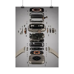 May include: An exploded view of a smartwatch showing its internal components, including the display, metal casing, circuit boards, battery, sensors, and screws, arranged vertically with two beige watch bands on the left and right sides.