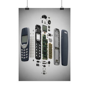 May include: An exploded view of a dark blue mobile phone showing its internal components. The display, green circuit board, keypad, internal frame, and outer casing are separated and arranged vertically to reveal the device's construction.