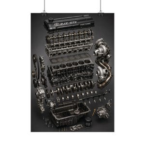 May include: An exploded view poster of a Toyota 2JZ-GTE engine, displaying the black valve cover with white text, cylinder head, engine block, crankshaft, pistons, twin turbochargers, oil pan, and various internal mechanical components.