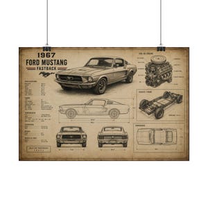 1967 Ford Mustang Fastback schematic poster Rolled Posters | vintage car blueprint