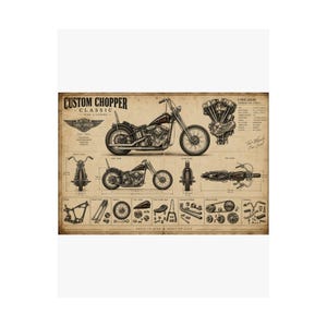 以下が含まれることがあります： カスタムチョッパーバイクの技術的なイラストが描かれたヴィンテージスタイルのポスター。側面図、正面図、上面図、Vツインエンジンの図、およびテキストと技術仕様がラベル付けされたさまざまな機械部品が含まれています。