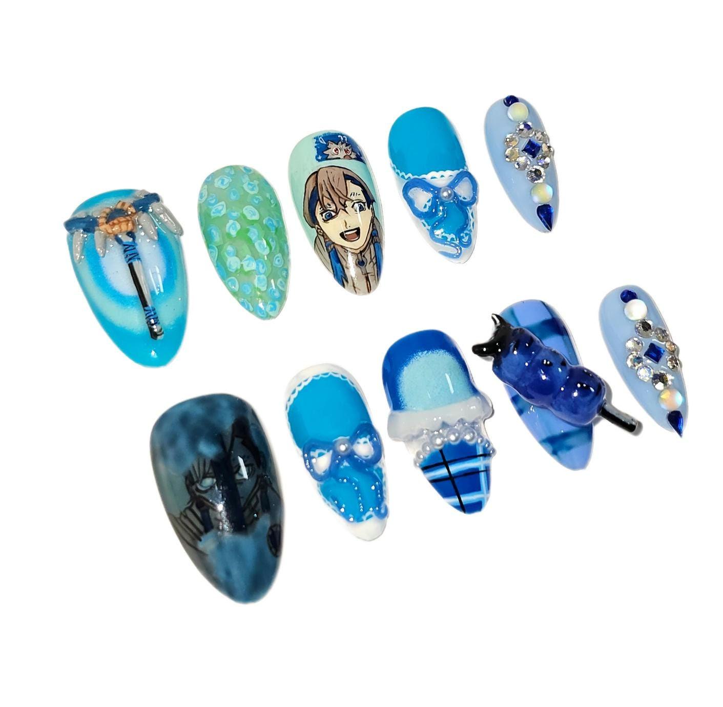 Zanka Blue Cottagecore Press on Nails: Gachiakuta Anime Inspired