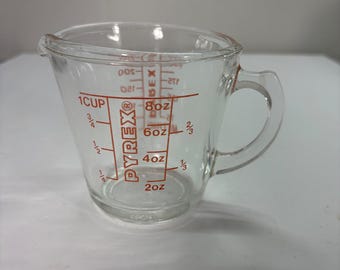 Vaso medidor de vidrio Pyrex vintage de 1 taza (8 oz, 250 ml) con asa en forma de D y letras rojas #508