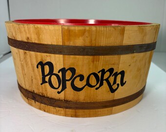 Vntg Spaulding & Frost Wooden Popcorn Bucket Barrel Removable Red Liner Rustic