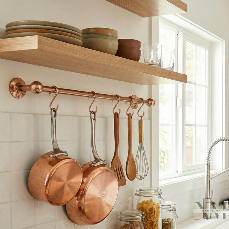 Solid Copper Pot Rack Copper Pot Rack Wall Mount, Kitchen Utensil Hanging Bar With Hooks - Etsy