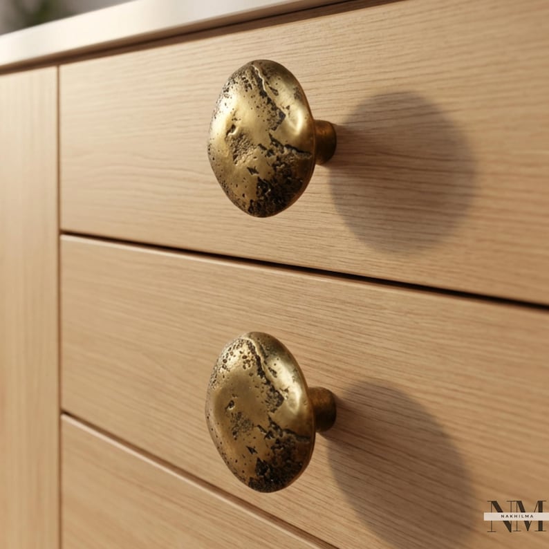 Conjunto de 2 puxadores de armário de latão maciço com design texturizado orgânico imagem 2