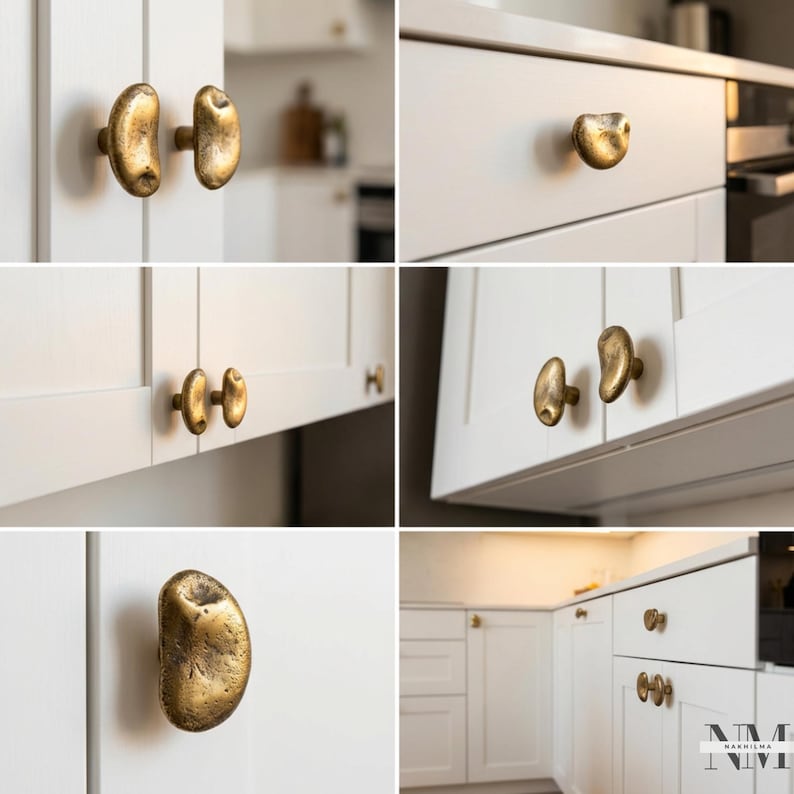 Conjunto de 2 puxadores de latão maciço com textura orgânica para armários de cozinha modernos. imagem 7