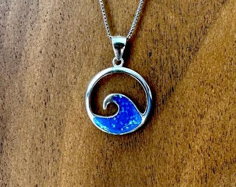 Wave Necklace, 925 Sterling Silver & Blue Resin Wave Necklace, Ride the Tide Series, 20mm x 20mm