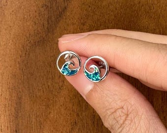 Wave Earrings, 925 Sterling Silver & Blue Resin Wave Necklace, Ride the Tide Series, 10mm