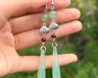 Jade Dangling Earrings, New Chinese Style Sterling Silver Earrings, Green Chalcedony Earrings