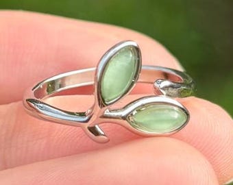 Jade Leaf Ring: 925 Sterling Silver, Adjustable Band, Green Gemstone